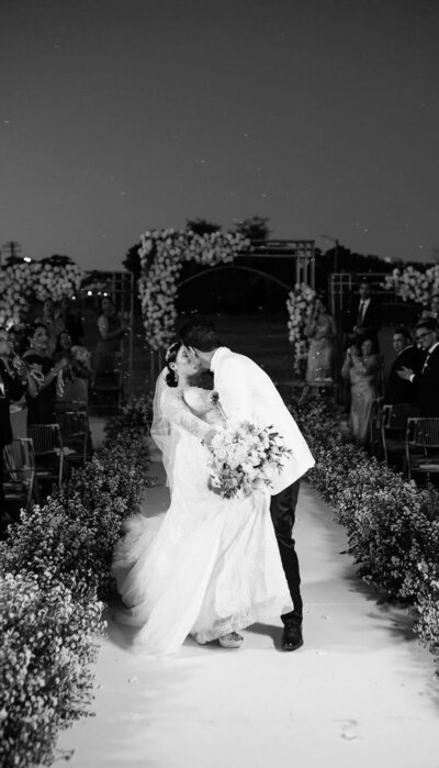 Bride and groom walk up memorial steps at their DC wedding