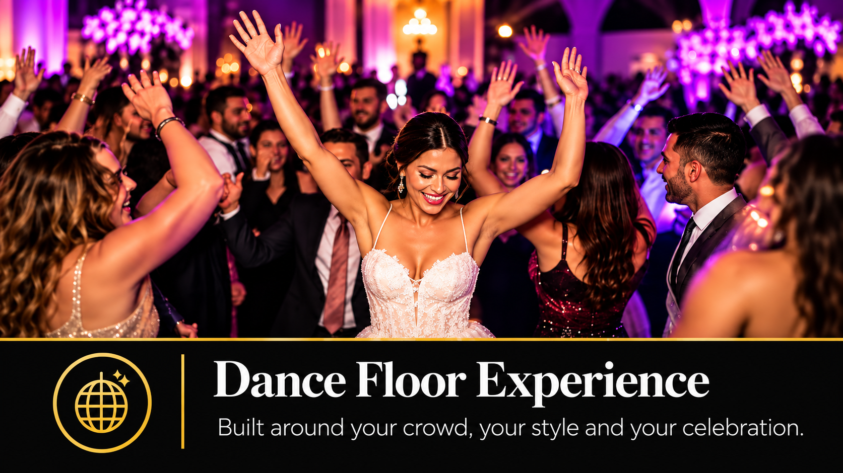 Guests dancing and celebrating at a wedding reception