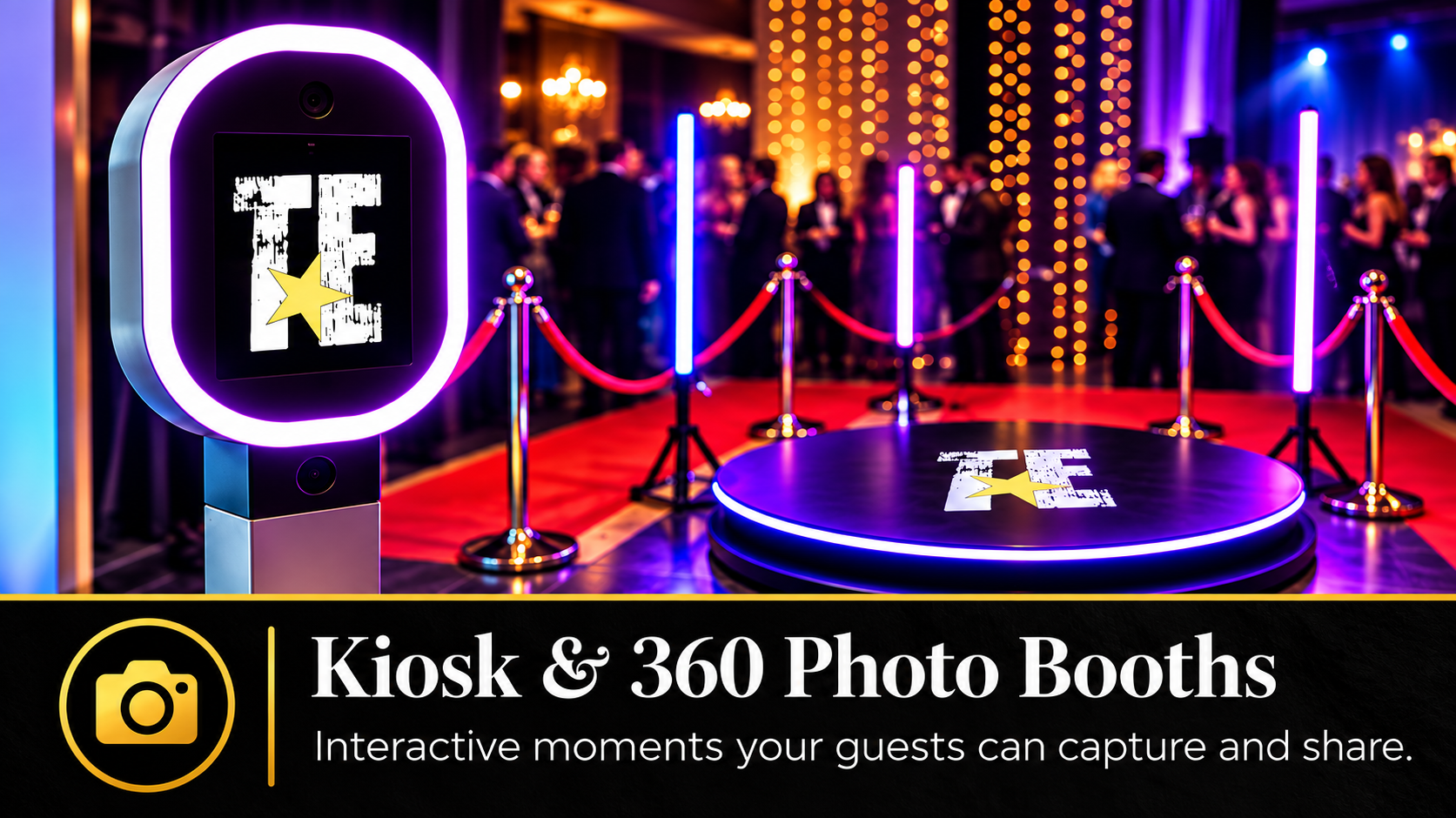 Kiosk and 360 photo booth experience at an elegant event