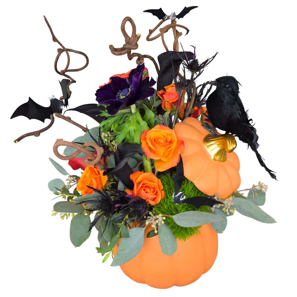 A striking, mysterious floral arrangement designed to capture the true spirit of Halloween. Handcrafted inside a vibrant