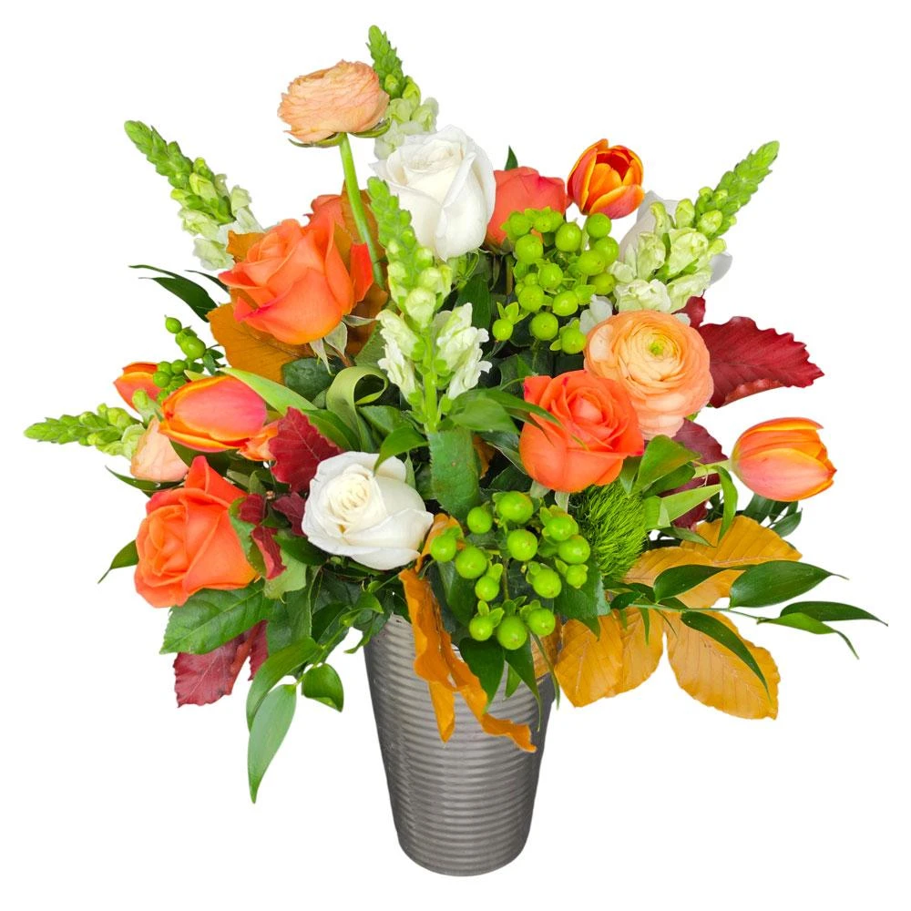 Bring the vibrant warmth of the season home with Mandarin Fall, featuring a luminous blend of vibrant orange roses, peac