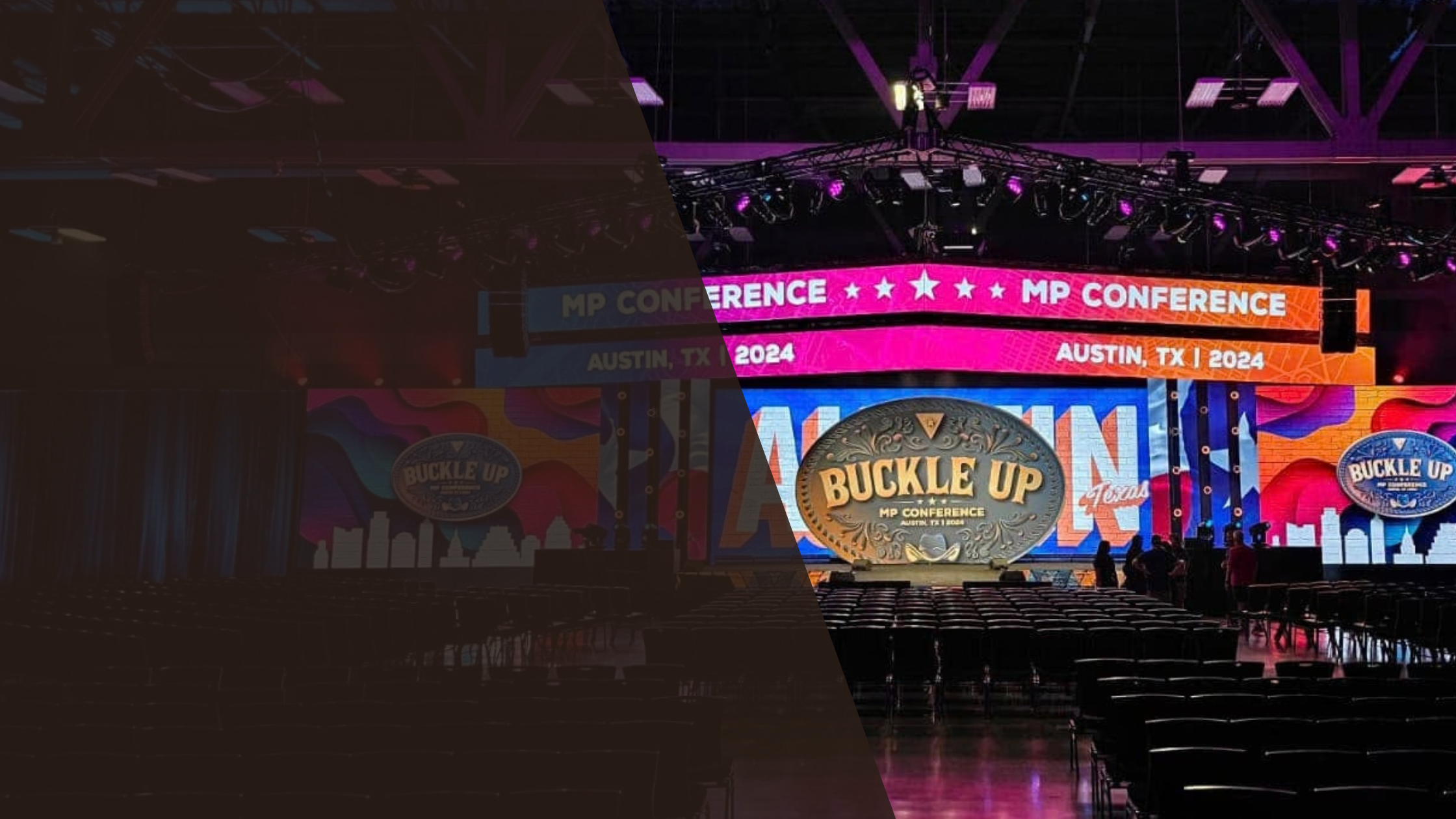 Corporate conference stage with large LED video wall and event lighting.