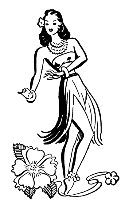 Black-and-white illustration of a dancing woman in a flowing dress with flowers at her feet.