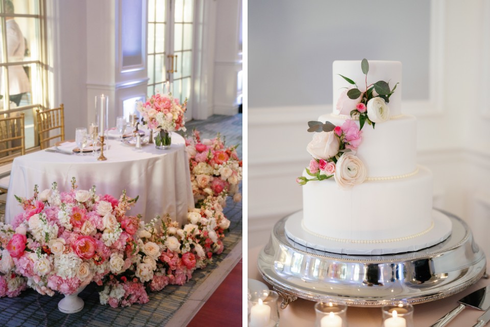 collage: photo of a sweetheart table surrounded in beautiful flowers; photo of a white cake decorated with pink and whit