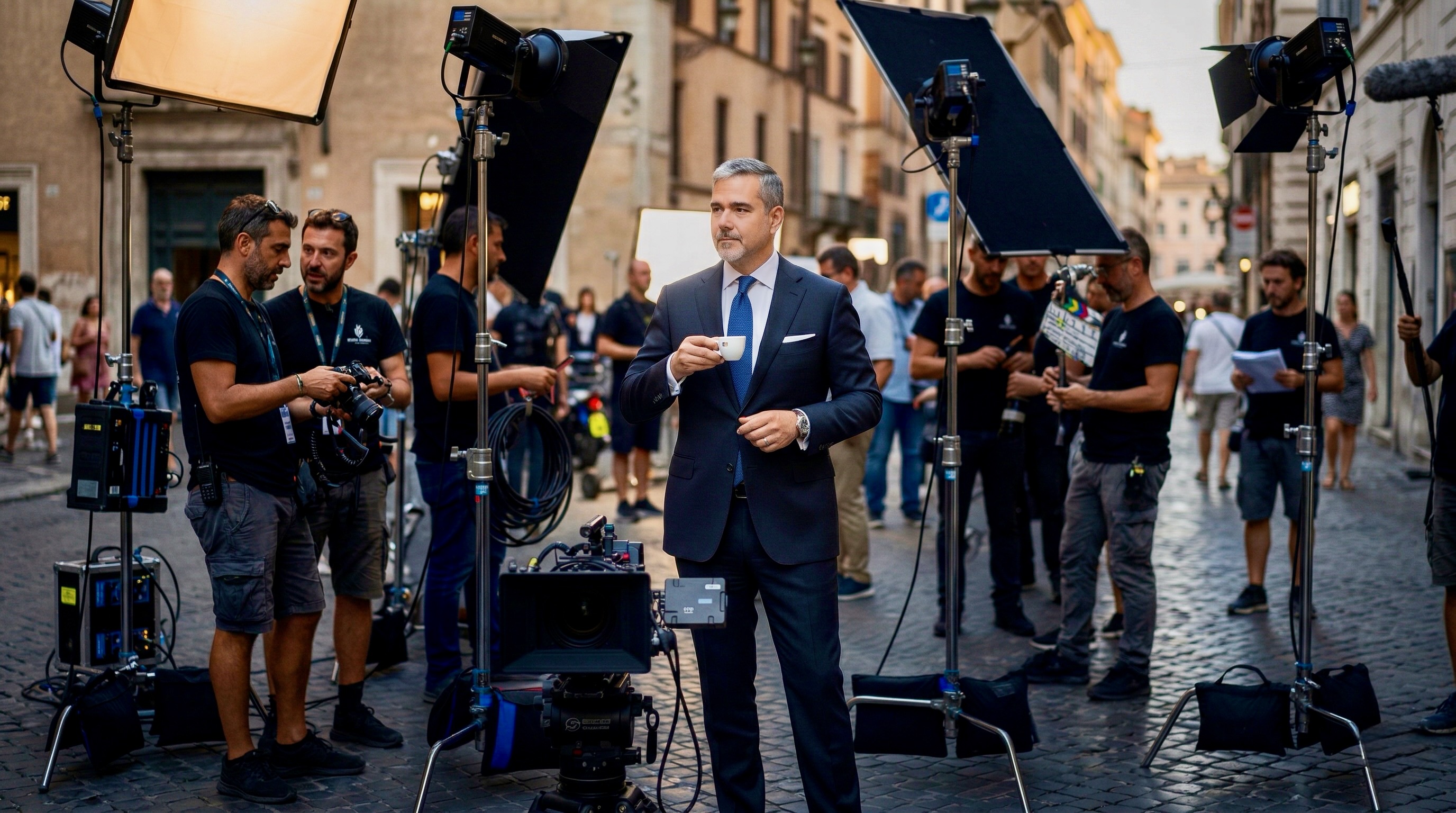 Professional production crew and lighting setup during an on-location commercial shoot.