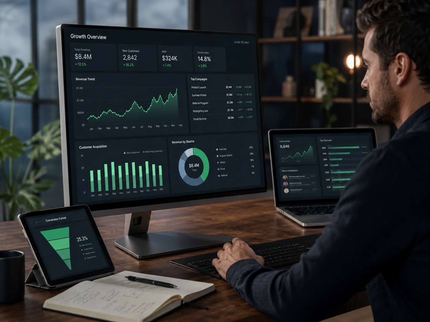 Premium digital growth interface for analytics and customer retention