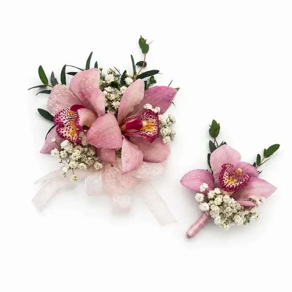 Set pink orchid  corsage and buttonier