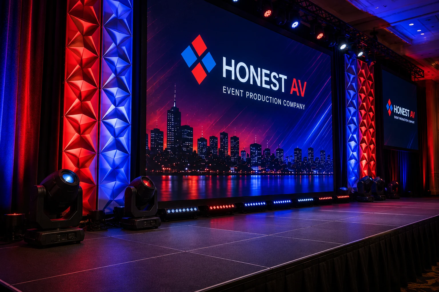 Custom general session stage with scenic backdrop, LED wall and branded set pieces