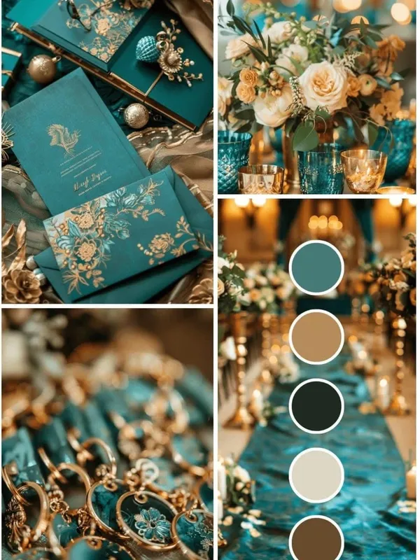Elegant teal and gold wedding decor with floral accents and invitations.