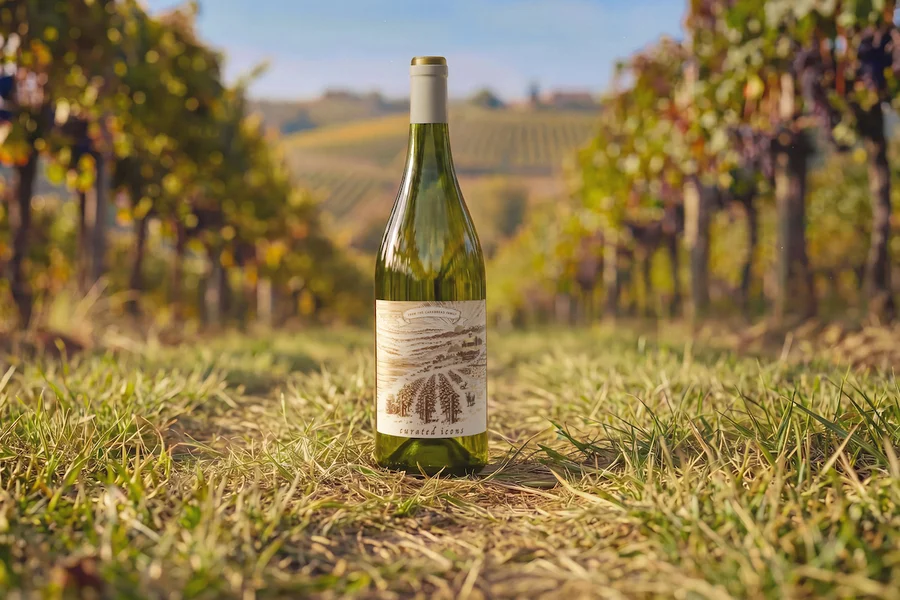 Wine bottle standing in grassy vineyard rows, with blurred autumn vines and rolling hills in the background under a blue