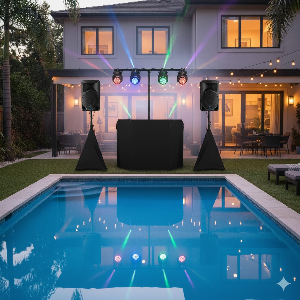 Basic DJ Setup with swimming pool in back yard