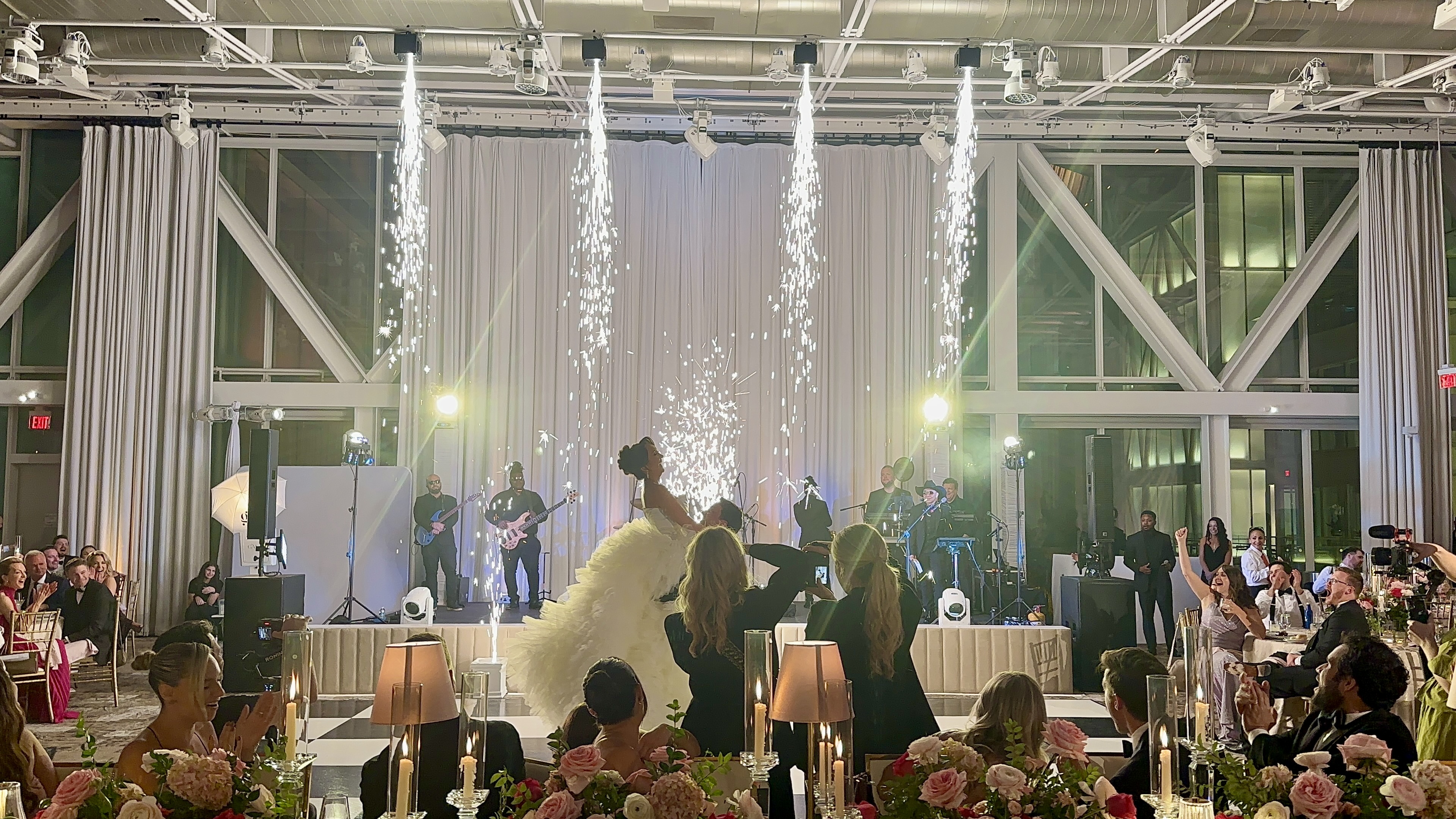 Bride and Groom Dance Under Cascading Cold Spark with Paradigm Party Band