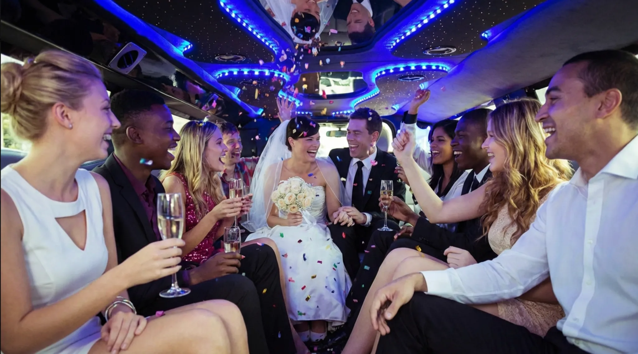 A joyful group of people celebrating inside a limousine, with a bride in a wedding dress holding a bouquet. Confetti is